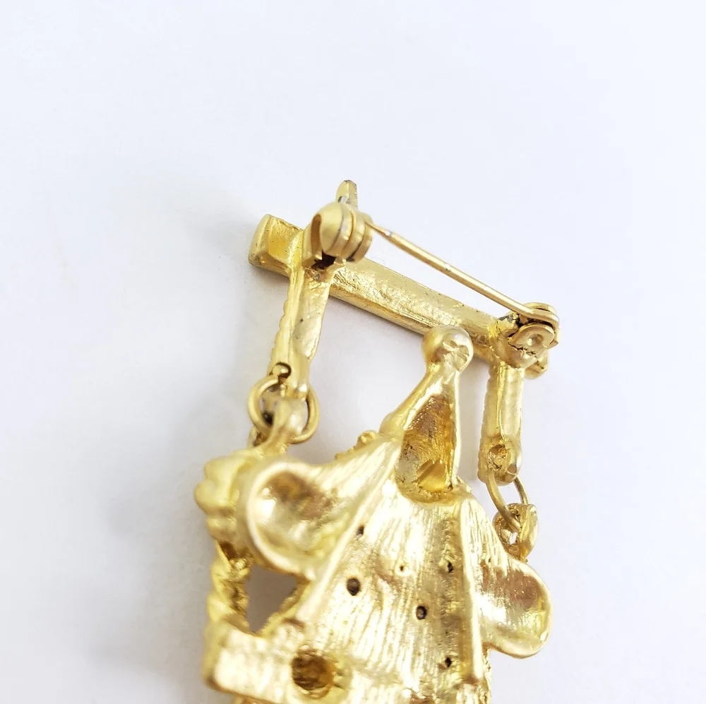 Vintage Brooch Clown Pin Gold + Rhinestones